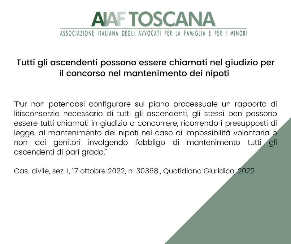 Rassegna Giurisprudenziale: TUTTI GLI ASCENDENTI POSSONO ESSERE CHIAMATI NEL GIUDIZIO PER IL CONCORSO NEL MANTENIMENTO DEI NIPOTI.